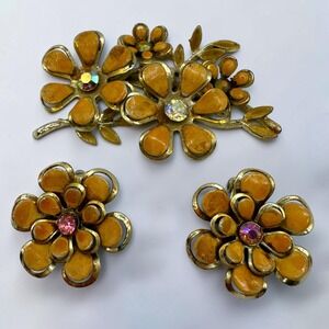 Coro Floral Brooch Clip Earrings Set Gold Tone Mustard Enamel Rhinestone VTG